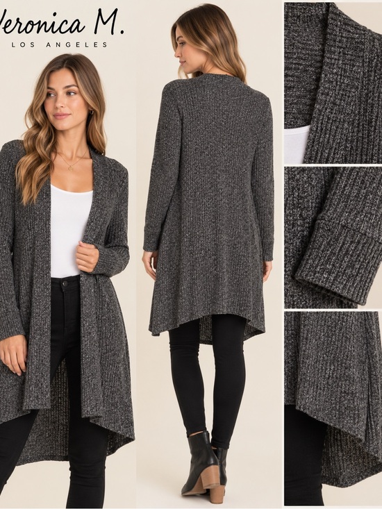 Veronica M Sweaters - Veronica M Charcoal Gray Ribbed Open Front Long Cardigan S